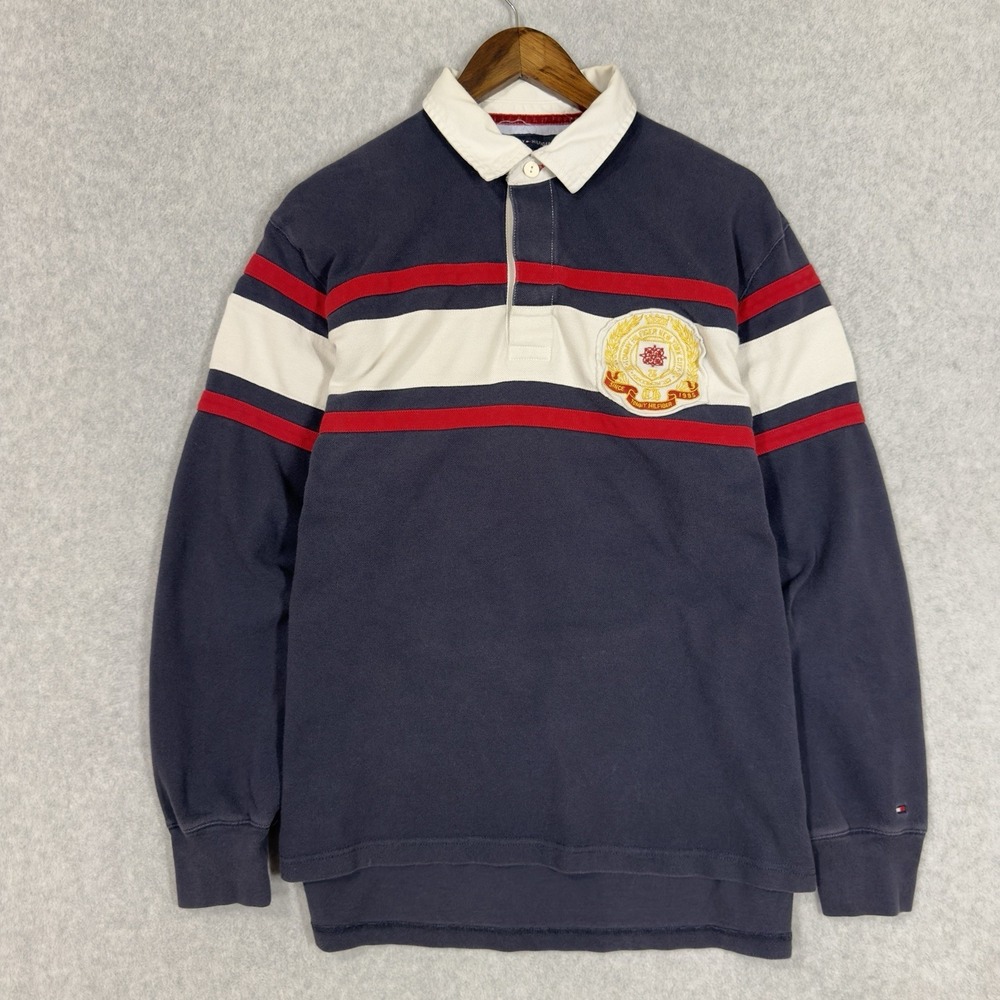 Tommy Hilfiger Rugger Mens Large Navy Blue‎ Rugby Jersey Crest #85 Heavyweight